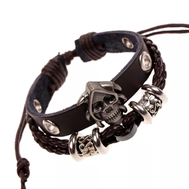 Men Ladies Real Genuine Cowhide Leather Skull Surfer Braided Bracelet Wristband