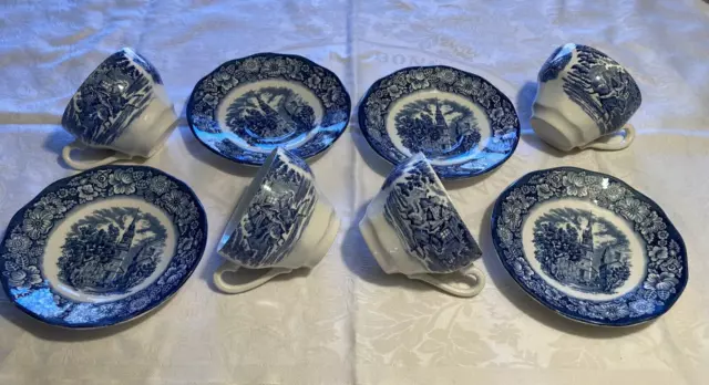 4 Vintage Staffordshire Liberty Blue Historic Scenes Cup & Saucer Sets Ironstone