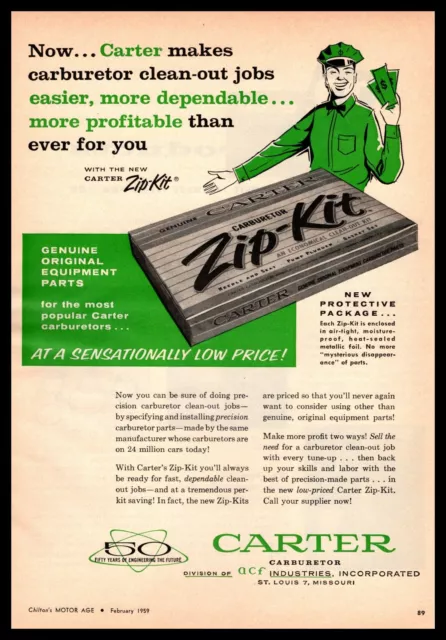 1959 Carter Carburetor St. Louis Missouri Clean-Out "Zip-Kit" Vintage Print Ad