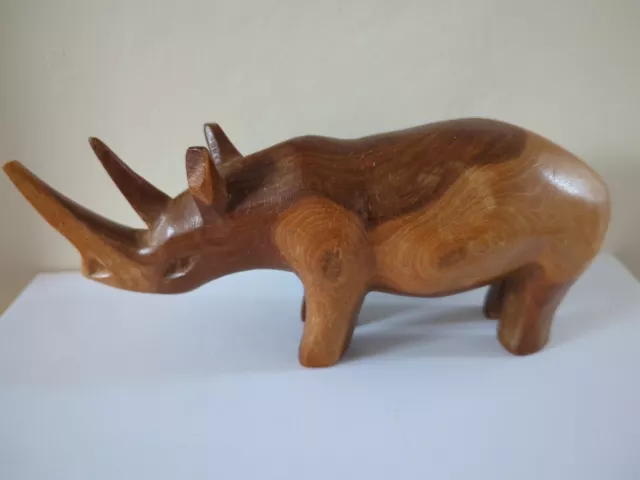 Vintage Wooden Hand Carved Rhino Statue Sculpture Rhinoceros Figurine 22cm Long