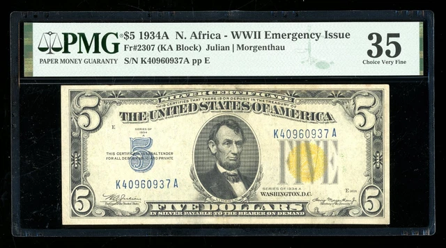 DBR 1934-A $5 Silver North Africa Fr. 2307 PMG 35 Serial K40960937A