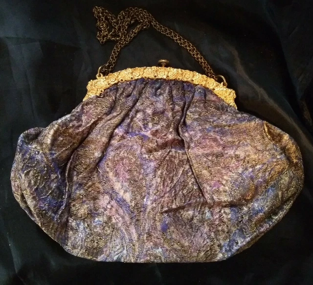 GORGEOUS Antique Art Nouveau Shimmery Fabric Purse Bag & GLAM Gold Flower Frame 3