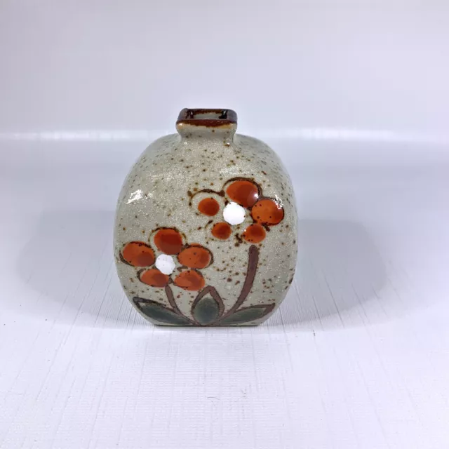 1960s Hand Painted Bud Vase Enamel Orange Floral Brown Speckled Vintage Pottery