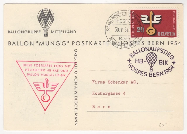 1954 May 30th. Helicopter and Balloon Post. Balloon "MUNGG" Postkarte.