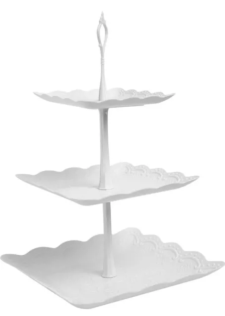 3 Tier Afternoon Tea Cake Display Stand, White Plastic Square, New