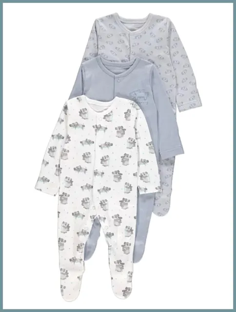 Tiny Baby Boys Koala Bear Babygrows 3 Pack Cute Blue Sleepsuits Nightwear BNWT