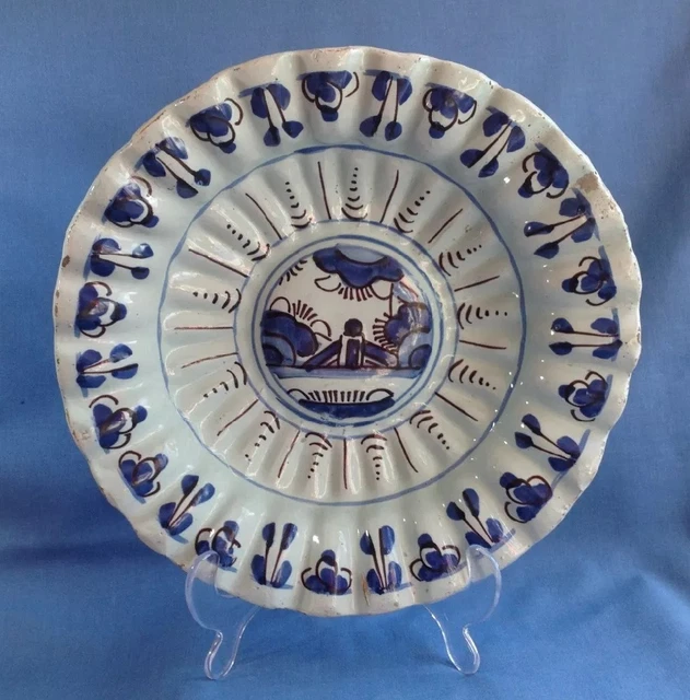 Antique 17thC English Delft Lobed Blue Black 10" Charger Fluted London Lambeth