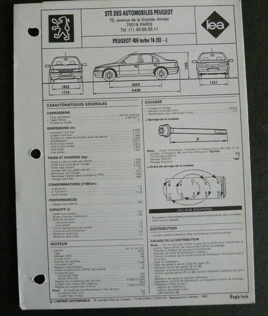 Fiche Technique Automobile Peugeot 505 SRD Turbo XD2S - Édition 1982