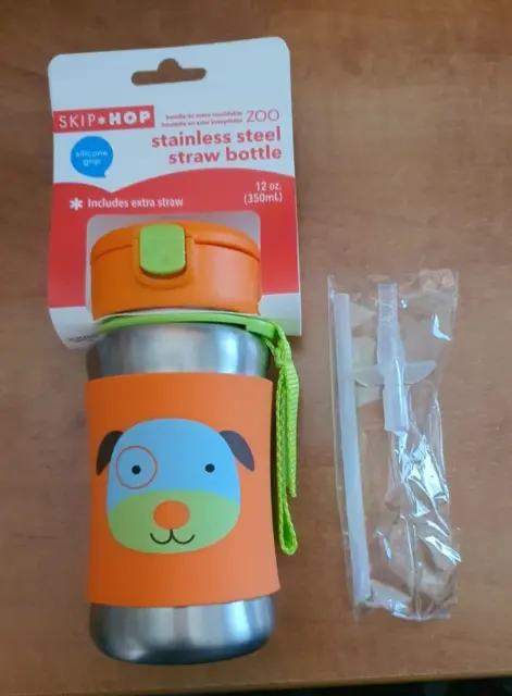 Kids Skip Hop Zoo Straw Bottle Stainless Steel Water Sip Drink Darby Dog 350ml