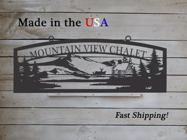 Large Farm Entrance Sign with Log Cabin, Mountains, Deer, Any Name, S1294
