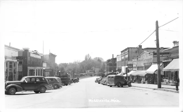 J61/ Middleville Michigan RPPC Postcard c1940s Stores Main Street 281