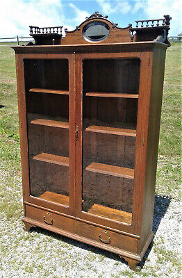 Antique Oak 2 Door Bookcase Beveled Mirror with Fancy Spindle Gallery 2 Drawers