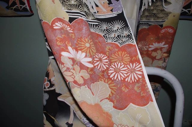 Classic! Antique Vintage Japanese Kimono Kuro furisode hikizuri Taisho Showa 7