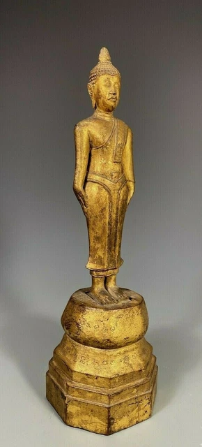 Burma Burmese Carved Gilt Wood Buddha on Pedestal w/ Inscription dated 19th c.