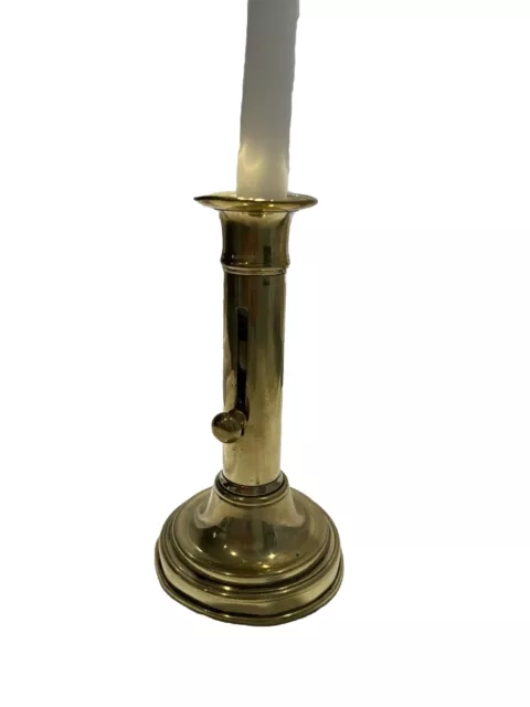 Antique Georgian Brass Push Up Candlestick, Round Base, 6 2/3” Tall, C 1810