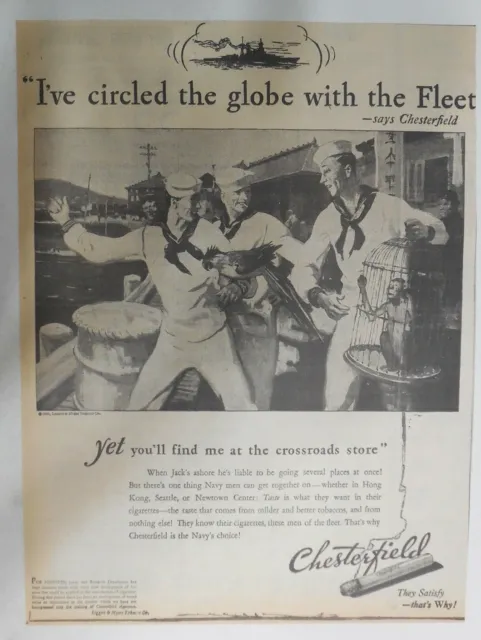 Chesterfield Cigarette Ad: Navy Circled Globe ! from 1931 Size:~12 x 16 inches