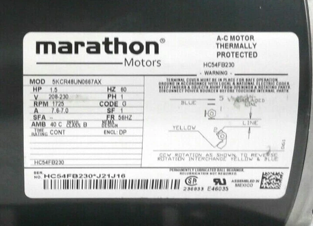 Marathon A-C Motor 5KCR48UN0667AX 1.5HP 208-230V 1725RPM 1PH 60HZ DP:ENCL NEMA