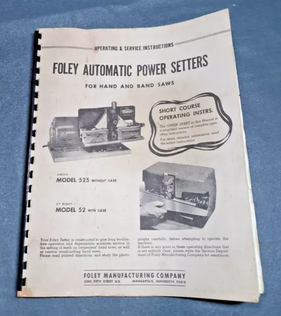 Vintage Foley Operating Manual #525&52 Automatic power setter for hand &band saw