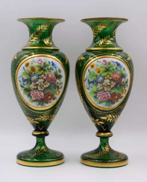 Pair of Antique Bohemian Moser Floral Vase's, Green w/Gold Gilt - Hand Painted