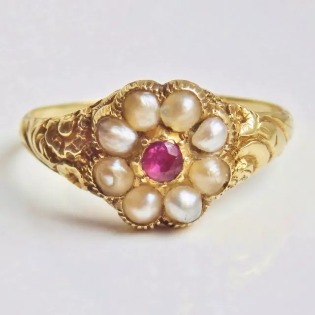 Fine Antique Georgian Regency Period 15ct Gold Ruby & Pearl Cluster Ring c1825