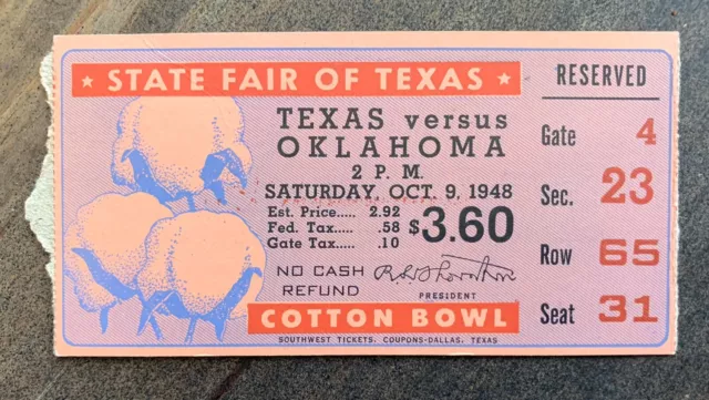 Football Ticket: 1948 Texas vs Oklahoma - State Fair Of Texas - Cotton Bowl