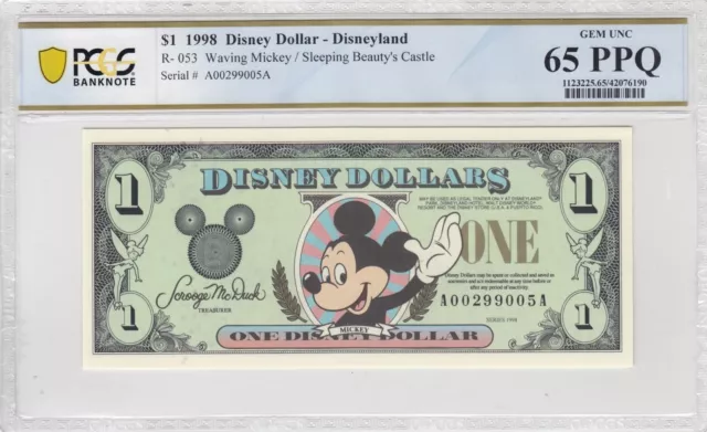 1998 $1 Disney Dollar Waving Mickey PCGS GEM UNC 65  PPQ AA Block DISNEYLAND