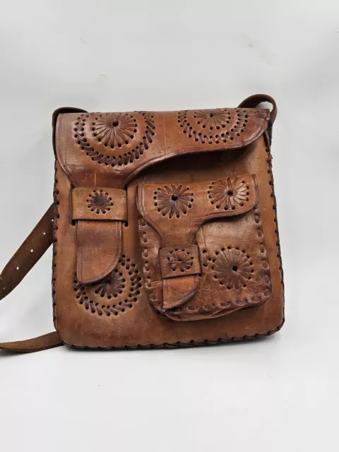 Vintage Leather Hand Tooled Circular Embossed Purse Hand Bag Western Caramel Tan