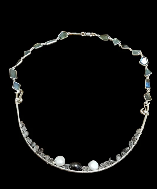 Natural Herkimer Diamond, Tahitian Pearl, Labradorite Sterling Silver  Necklace