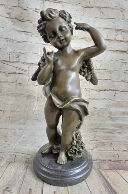 Pure Bronze Figurative Winged Angel Cherub Boy Nude Sculpture Marble Base Statue