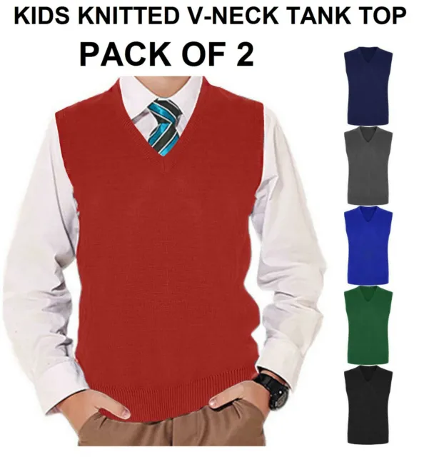 2 Pack Girls Boys Knitted V Neck Tank Top School Sleeveless Jumper Uniform