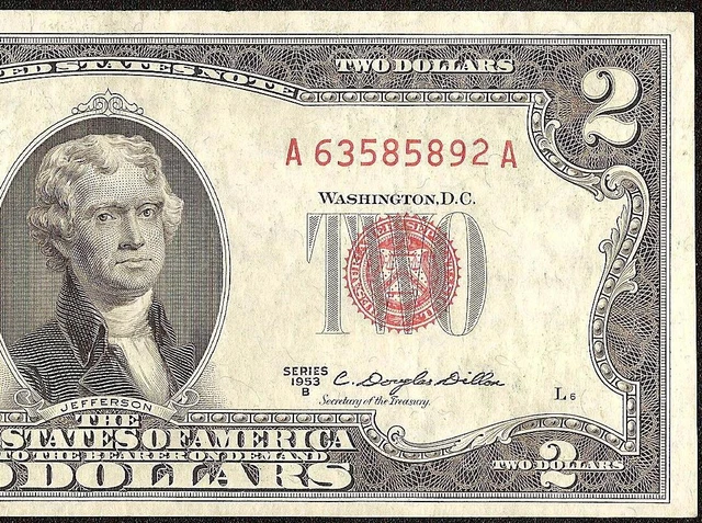 1953B $2 Dollar Bill Red Seal Legal Tender Note Old Paper Money Crisp Vf Ef