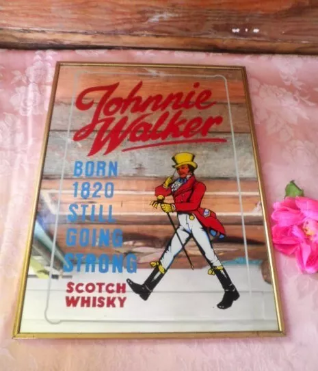 VINTAGE JOHNNIE WALKER MIRROR SCOTCH WHISKY GOLD FRAME 28x38cm PUB SIGN MAN CAVE