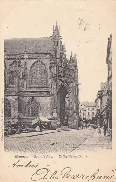 Carte postale ancienne ORNE ALENCON grande rue église notre-dame timbrée 1903