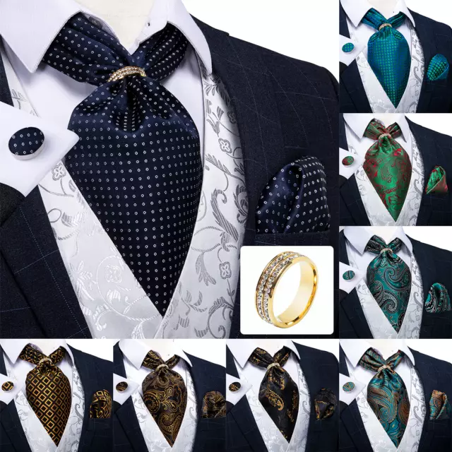 UK Mens Silk Ascot Cravat Vintage Tie Jacquard Paisley Scarf Hanky Cufflinks Set