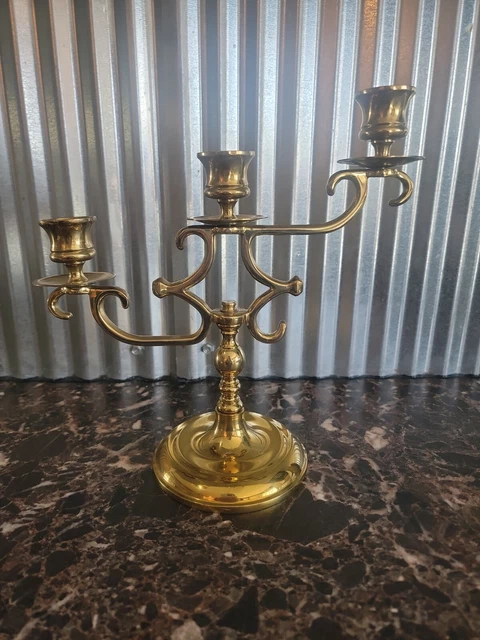 Vintage Solid Brass Candelabra Candle Holder Ornate 3 Armed  BEAUTIFUL & HEAVY!