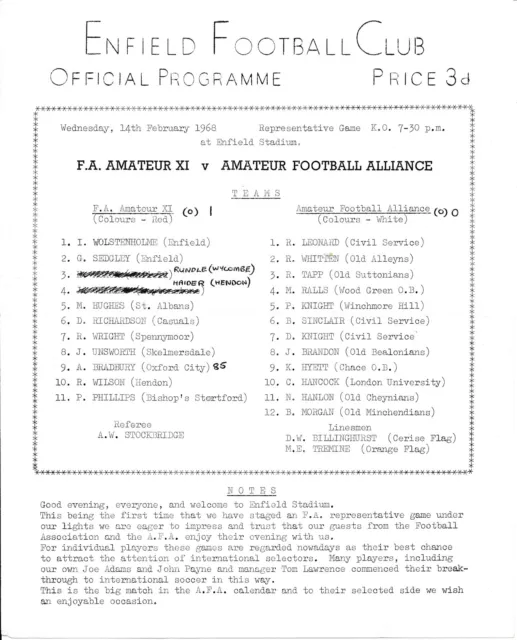 ENFIELD - FA Amateur X1 v Football Alliance (Friendly) 1967/1968 - single sheet