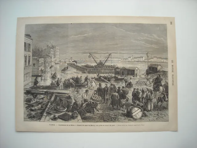 1876 Engraving. Paris. Flood De La Seine. Bercy Quai Appearance.
