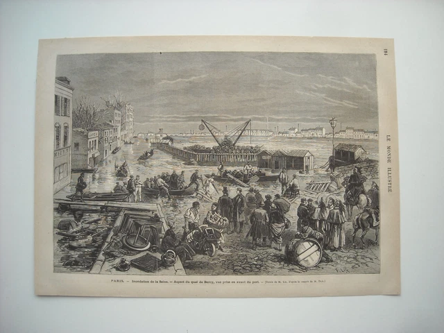 Gravure 1876. Paris. Inondation De La Seine. Aspect Du Quai De Bercy.