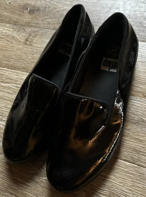 Fit Flop Black Patent Leather Women’s Loafers Slip On Comfort Shoes Sz 8