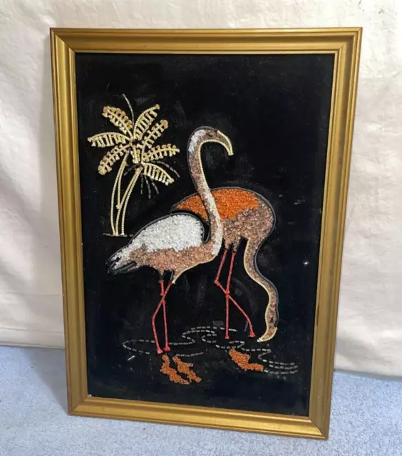 Vintage MCM 20x14 FLAMINGO & PALM TREE gravel glass MOSAIC chip Velvet WALL ART