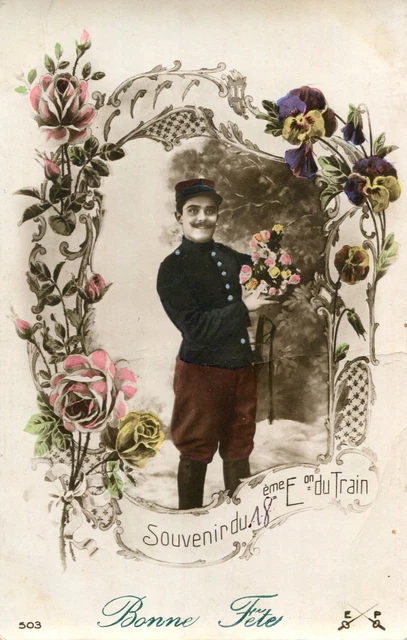 Militaire Souvenir du 18 ème Régiment ? Escadron du Train Soldat Frise fleurie
