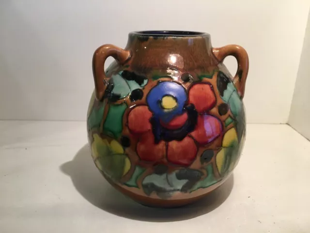 Japanese Awaji Pottery 3 Handle Art Deco Floral Vase Sanpei Flag 1922-39