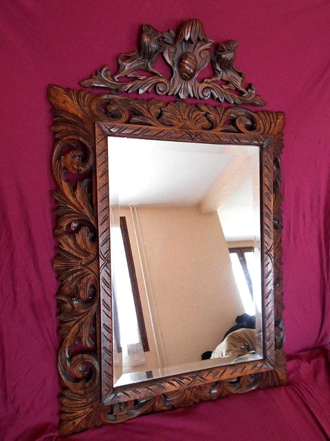 GRAND MIROIR 19ème EN BOIS SCULPTE DLG FORET NOIRE DECO CHALET MONTAGNE 73X108CM