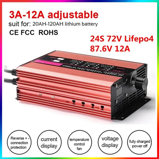 72 Volt 87.6V 24S LiFePo4 Lithium eBike Battery Charger 3A-12A Adjustable ACAU