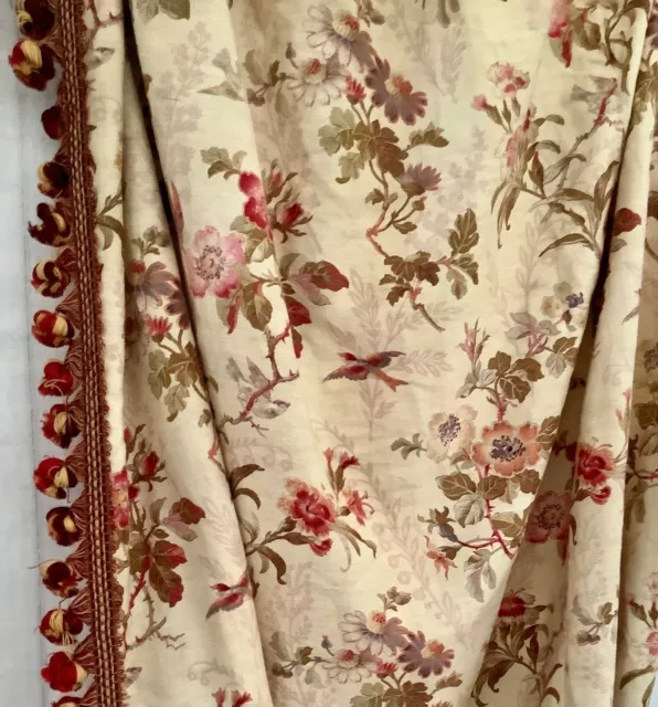 Antique French Printed Cotton Curtain Floral Birds Bobble Trim Panel 1 2