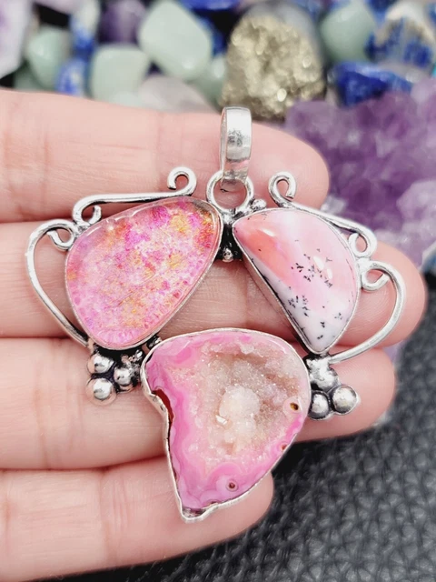 Solar Drusy Agate Quartz "PINK" Sterling Silver Pendant 2.10" w/ Chain 20"
