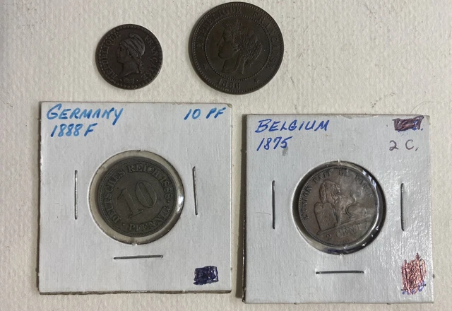 4 Old European Coins Germany 10 Pf Belgium 2 Cent. France 1 & 5 Cent. 1848-1888