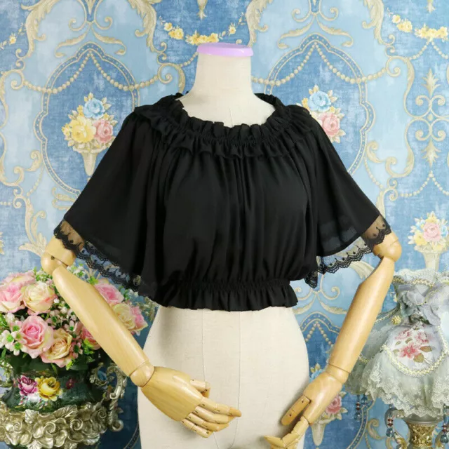 Damen Lolita Bluse Shirt Tops Spitze Rüschen Ärmel Plissiert Vintage Style Süß