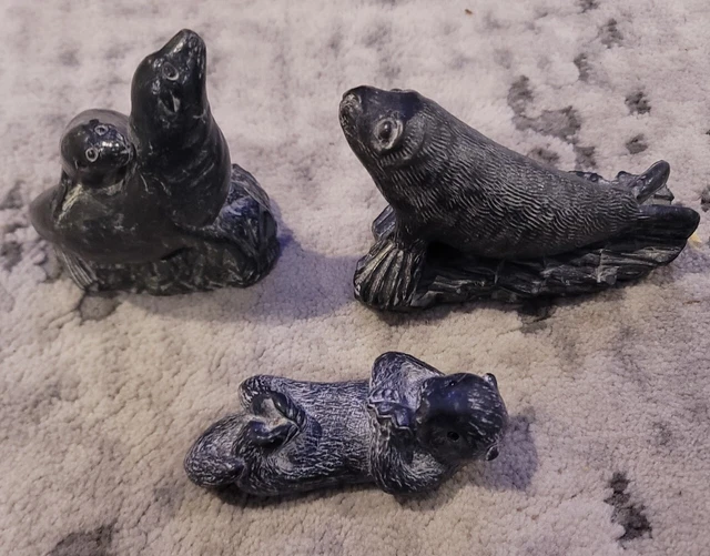 THREE WOLF ORIGINAL Soapstone Sculptures Seals And Otter Handmade in