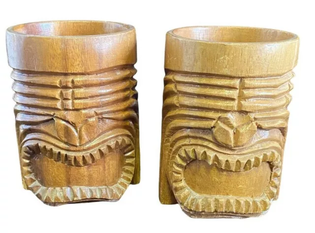 2 Vtg Hawaiian Monkey Pod Tiki Genuine Wood Hand Carved Mugs 5” Face Teeth